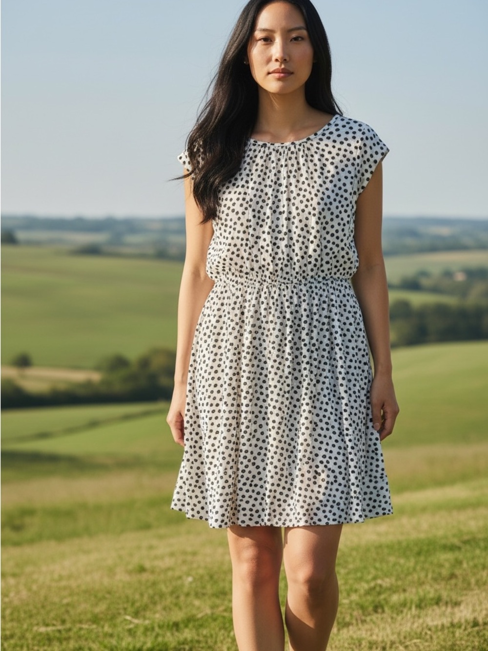 Free Assembly Casual White & Black polka dot cap sleeve elastic waist dress sm